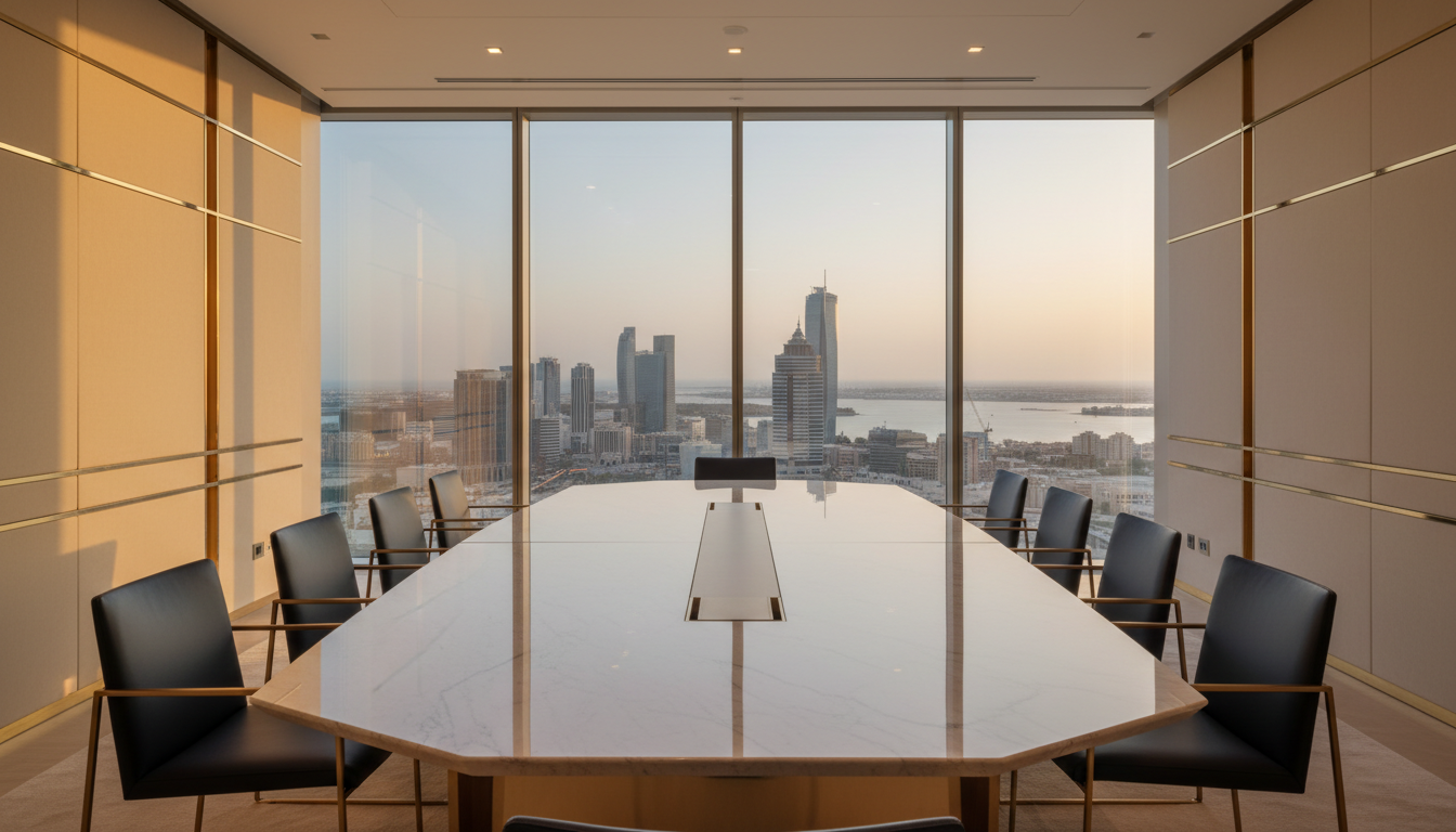 Al Amal Investment boardroom overlooking Kuwait City skyline
